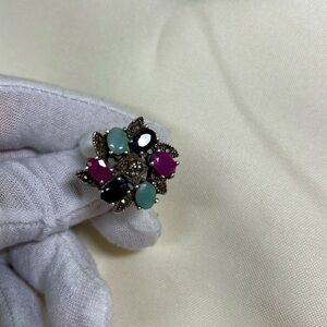 925 silver ring with original stone ruby sapphire & aquamarine very heavy #230
